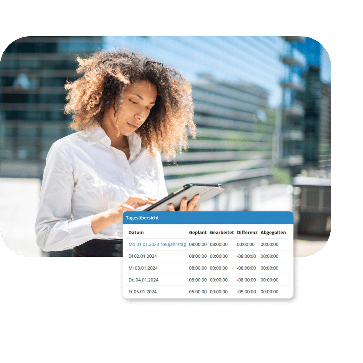 Dienstleister Projektzeiterfassung: Beraterin erfasst Zeiten mit dem Tablet