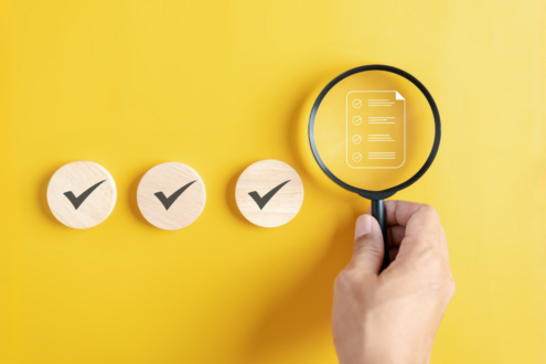 Erfüllt das ERP-System alle Anforderungen? Dies wird im Bild symbolisch durch eine Lupe und Holzklötze mit Häkchen dargestellt.
