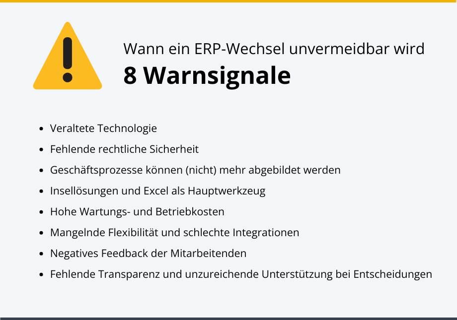 Die Infografik listet acht Warnsignale für den ERP-Wechsel auf.