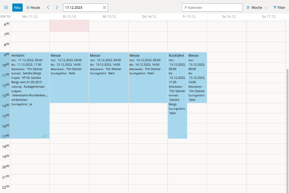 Kalender-Ansicht in der SCOPEVISIO2GO - App