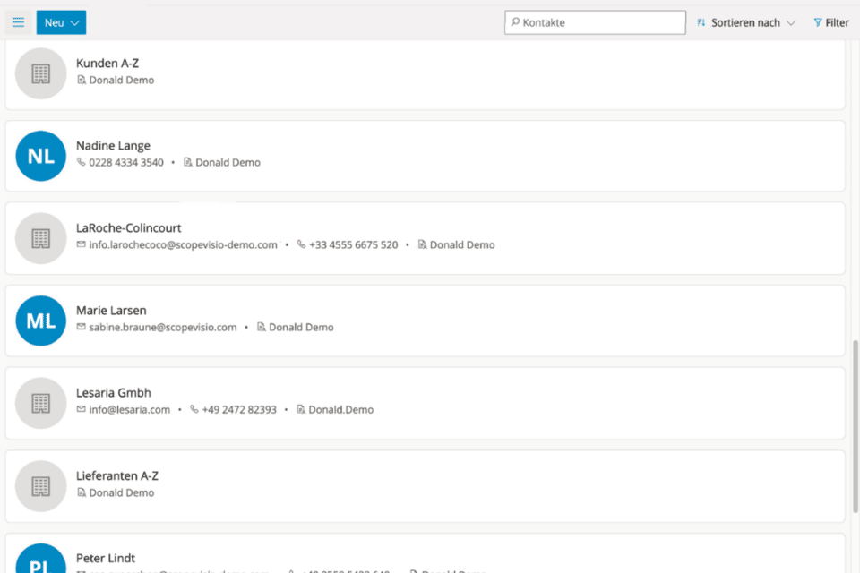 Kontaktübersicht in der SCOPEVISIO2GO - App
