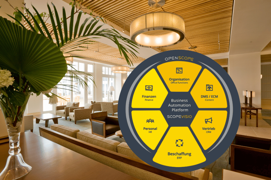 Hotel-Lobby mit Scopevisio-Funktionskreis-Illustration