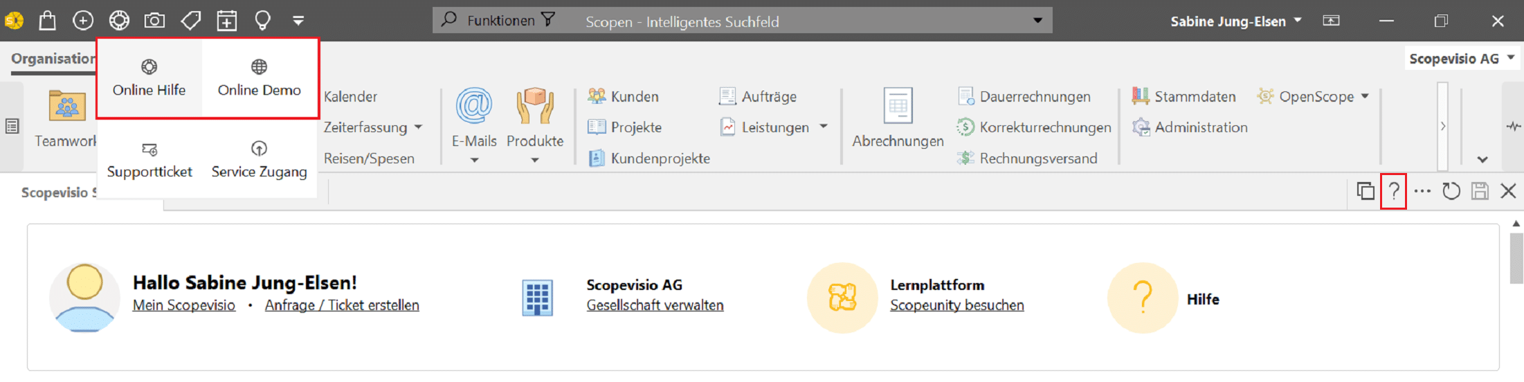 Die Scopevisio Online Hilfe erreichen Sie Über das Rettungsring-Symbol in der Menüleiste in der Anwendung.