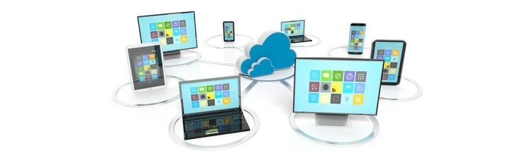 Cloud icon with communication devices around it, isolated on white background