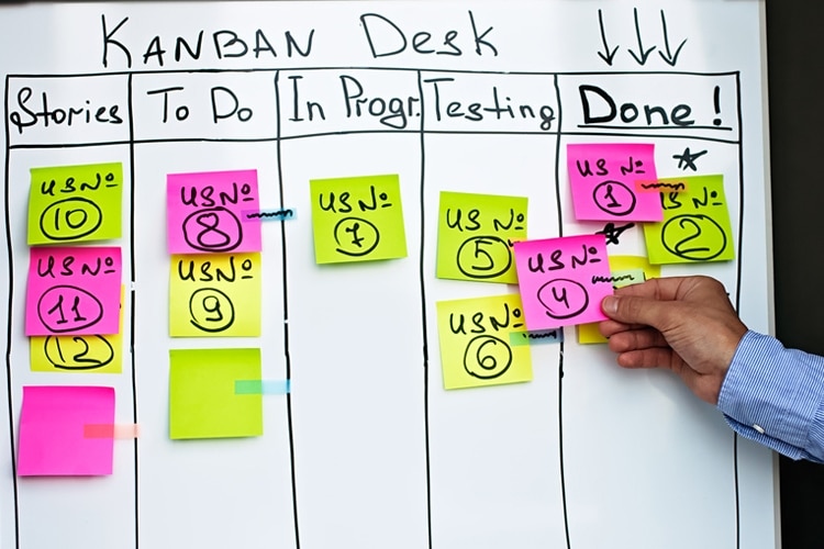 25.Progress on Kanban board. Work in progress in kan ban methodology. Project manager arm carries a sticker with user story in the column DONE. Project is done.