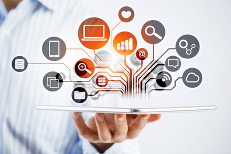 Hands of businessman demostrating tablet and network connection concept