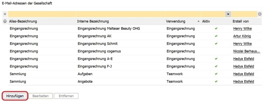 Screenshot E-Mail-Adressen für Lieferanten