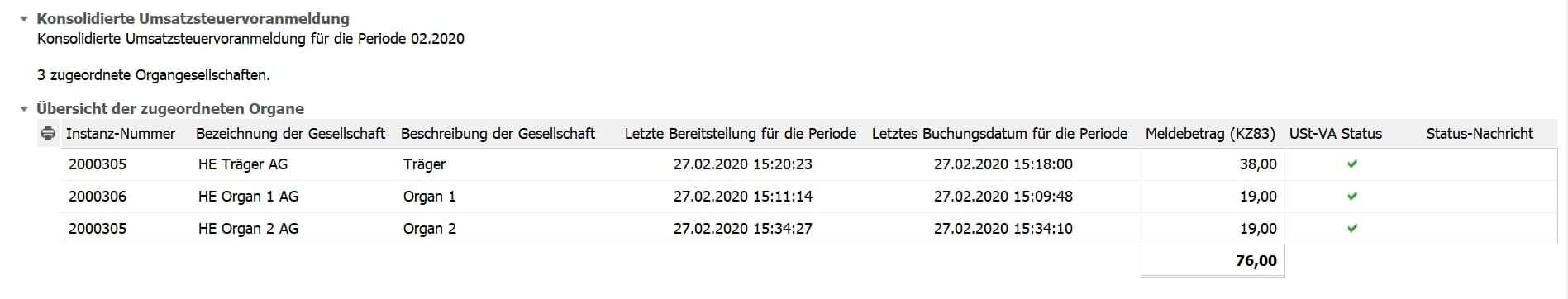 Screenshot Konsolidierte Umsatzsteuervoranmeldung