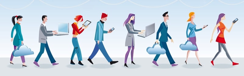 Eight different characters, men and women, access the data in the Internet cloud with different mobile devices (mobile, laptop, tablet) as they walk and are in motion.