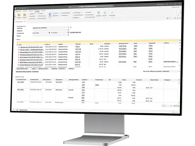 Ihre digitalen Belege können Sie in der Belegarbeitsliste im Splitscreen oder auf zwei Bildschirmen kontieren und buchen. Bereits gebuchte Dokumente können ein- bzw. ausgeblendet werden. Stellen Sie im Regelassistent Buchungsregeln ein, um wiederkehrende Geschäftsvorfälle automatisiert zu kontieren. - Header Bild
