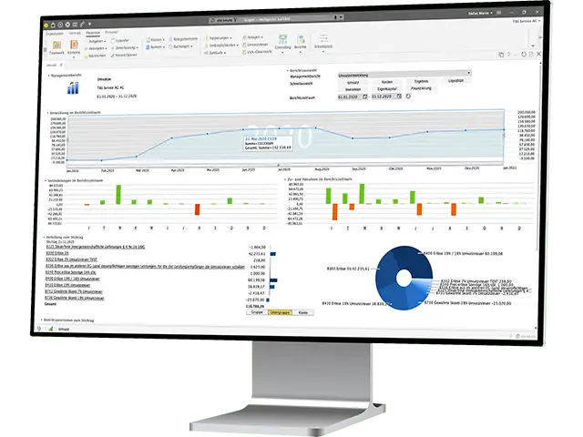 Mehr als eine Buchhaltungssoftware: Clevere Assistenzfunktionen und automatisierte Buchhaltungsprozesse entlasten Sie im Tagesgeschäft. Nutzen Sie unsere Echtzeit-Analysen und Management-Berichte für fundierte Unternehmensentscheidungen. - Header Bild