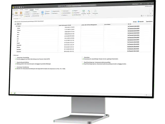 Managen Sie das Thema Umsatzsteuer ganz mühelos. Von der Umsatzsteuer-Voranmeldung über die Zusammenfassende Meldung bis zur umsatzsteuerlichen Organschaft erfolgt alles, vollständig digitalisiert in einer Anwendung. Über die integrierte ELSTER-Schnittstelle übermitteln Sie sämtliche Meldungen per Klick an das Finanzamt. - Header Bild