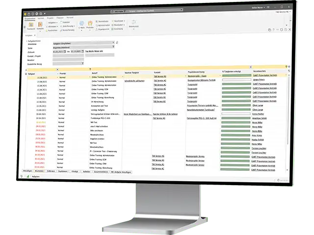 Behalten Sie alle Aufgaben im Blick! Verknüpfen Sie Aufgaben mit Projekten, weisen Sie Verantwortliche zu. Fügen Sie alle Informationen und Dokumente zentral einem Ort zusammen. Aufgabenverwaltung in einer neuen Dimension, auch von unterwegs. - Header Bild