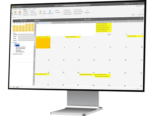 Digitalisiert, integriert und in der Cloud gespeichert – professionelle Terminplanung. Erstellen und verwalten Sie Ihre Einträge und verknüpfen Sie diese mit anderen Geschäftsbereichen wie der Projektplanung oder der Zeitabrechnung. - Header Bild