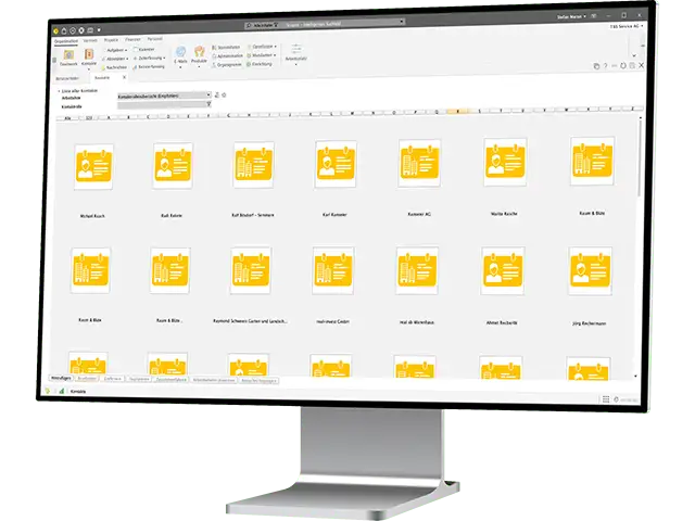Mit der umfangreichen Kontaktverwaltung können Sie Geschäftskontakte einfach und sicher verwalten. Verknüpfen Sie Kontakte mit Dokumenten, E-Mails und Kommentaren. So haben Sie alle relevanten Kundeninformationen immer griffbereit. - Header Bild